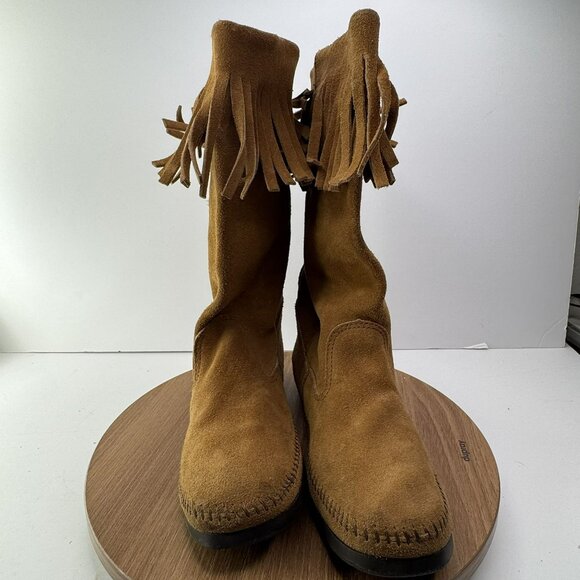 Minnetonka Women's Fringe Suede Mid Calf Boots Size 8 Camel Tan - Picture 9 of 10